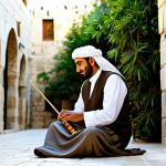 A professional male musician, fully clothed in modest, well-tailored traditional Middle Eastern attire, sitting gracefully. He is expertly playing a Nay, his fingers delicately positioned on the instrument, with a serene, focused expression. The setting is a quiet, sunlit traditional stone courtyard in Bethlehem, featuring ancient architecture and potted plants in the soft-focus background. The atmosphere is calm, reflective, and deeply artistic, captured with golden hour lighting and professional photography. The image showcases perfect anatomy, correct proportions, natural pose, well-formed hands, and proper finger count. safe for work, appropriate content, fully clothed, professional dress, natural body proportions.