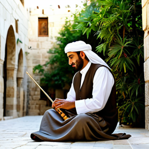 A professional male musician, fully clothed in modest, well-tailored traditional Middle Eastern attire, sitting gracefully. He is expertly playing a Nay, his fingers delicately positioned on the instrument, with a serene, focused expression. The setting is a quiet, sunlit traditional stone courtyard in Bethlehem, featuring ancient architecture and potted plants in the soft-focus background. The atmosphere is calm, reflective, and deeply artistic, captured with golden hour lighting and professional photography. The image showcases perfect anatomy, correct proportions, natural pose, well-formed hands, and proper finger count. safe for work, appropriate content, fully clothed, professional dress, natural body proportions.