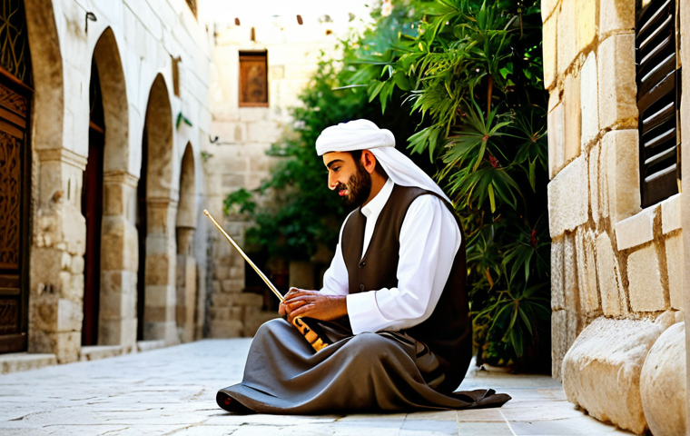 A professional male musician, fully clothed in modest, well-tailored traditional Middle Eastern attire, sitting gracefully. He is expertly playing a Nay, his fingers delicately positioned on the instrument, with a serene, focused expression. The setting is a quiet, sunlit traditional stone courtyard in Bethlehem, featuring ancient architecture and potted plants in the soft-focus background. The atmosphere is calm, reflective, and deeply artistic, captured with golden hour lighting and professional photography. The image showcases perfect anatomy, correct proportions, natural pose, well-formed hands, and proper finger count. safe for work, appropriate content, fully clothed, professional dress, natural body proportions.