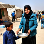 Gaza Humanitarian Aid**

"A fully clothed aid worker distributing food and water to a group of Palestinian children in a refugee camp in Gaza, modest clothing, appropriate attire, safe for work, depicting resilience and hope amidst hardship, dusty environment, tents in the background, perfect anatomy, natural proportions, professional photography, high quality, family-friendly, appropriate content."

**