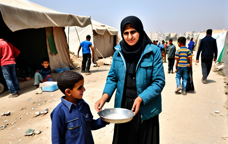 Gaza Humanitarian Aid**
"A fully clothed aid worker distributing food and water to a group of Palestinian children in a refugee camp in Gaza, modest clothing, appropriate attire, safe for work, depicting resilience and hope amidst hardship, dusty environment, tents in the background, perfect anatomy, natural proportions, professional photography, high quality, family-friendly, appropriate content."
**