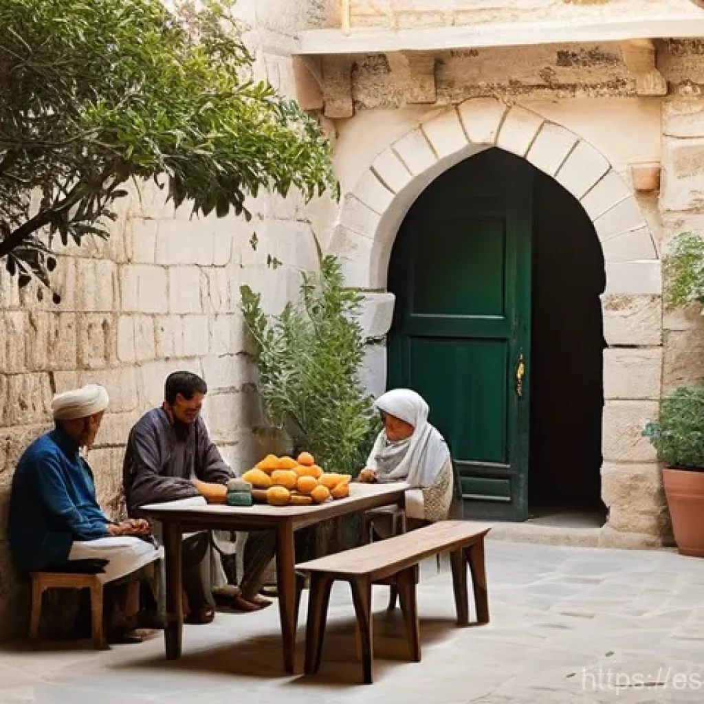 팔레스타인의 전통 가옥 - **A Vibrant Palestinian 'Hosh' (Courtyard) Scene:**
    A bustling, sun-drenched traditional Palesti...