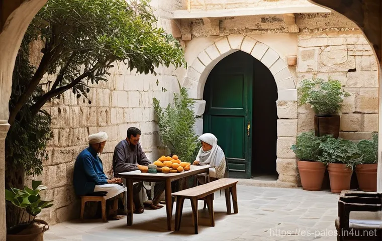 팔레스타인의 전통 가옥 - **A Vibrant Palestinian 'Hosh' (Courtyard) Scene:**
    A bustling, sun-drenched traditional Palesti...