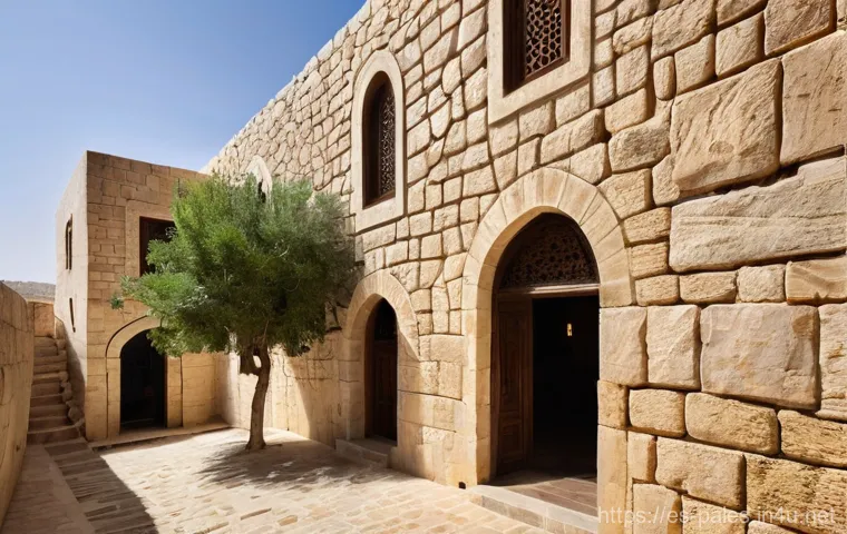 팔레스타인의 전통 가옥 - **A Vibrant Palestinian 'Hosh' (Courtyard) Scene:**
    A bustling, sun-drenched traditional Palesti...