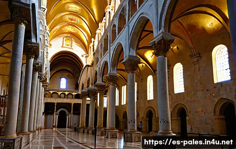 베들레헴의 성탄 교회 역사 - Byzantine Grandeur in the Nave**
An interior shot of the main nave of the Basilica of the Nativity, ...