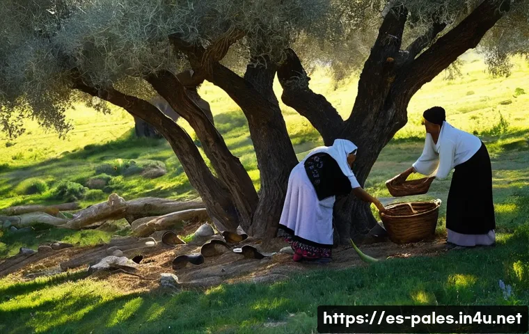 팔레스타인의 주요 농산물 - **Prompt 1: The Ancient Olive Harvest in Palestine**
"A vibrant, picturesque scene of an olive g...