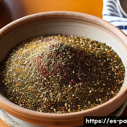 팔레스타인 전통 향신료 - A rustic Palestinian kitchen scene showcasing a wooden table laden with traditional spices: a bowl o...