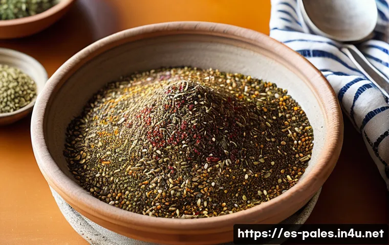 팔레스타인 전통 향신료 - A rustic Palestinian kitchen scene showcasing a wooden table laden with traditional spices: a bowl o...