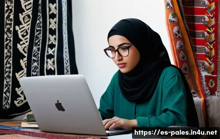 팔레스타인의 영화 산업 - A powerful scene depicting a young Palestinian female filmmaker in her modest home studio, surrounde...