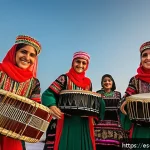팔레스타인 결혼 문화 - A vibrant Palestinian wedding zaffa procession outdoors at sunset, featuring joyful dancers in tradi...