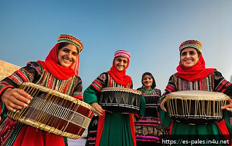 팔레스타인 결혼 문화 - A vibrant Palestinian wedding zaffa procession outdoors at sunset, featuring joyful dancers in tradi...