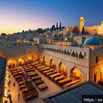 팔레스타인 주요 유적지 - A panoramic view of the ancient Old City of Jerusalem at sunrise, featuring historic stone walls, or...