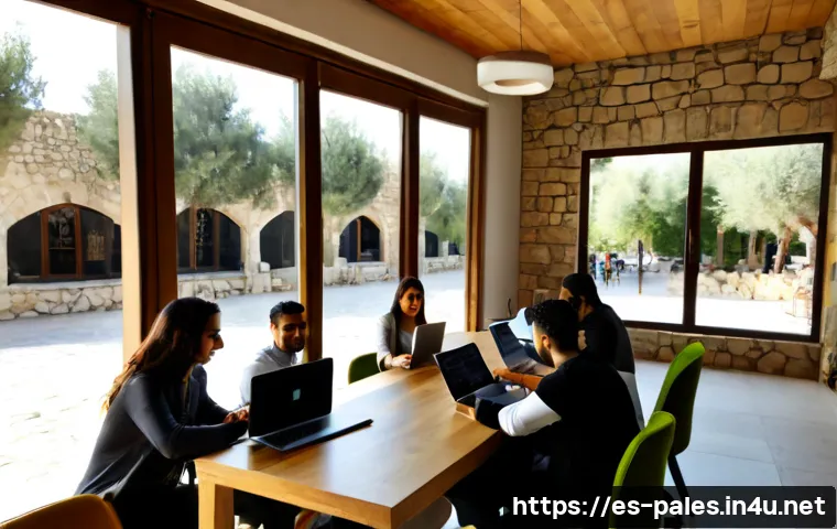 팔레스타인에서의 스타트업 문화 - Photorealistic modern startup workspace in Ramallah, Palestine, diverse young Palestinian entreprene...