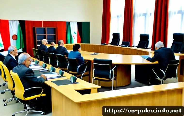 팔레스타인 정치 구조와 지도자들 - Photorealistic editorial scene of a Palestinian civic leadership meeting in a bright modern governme...